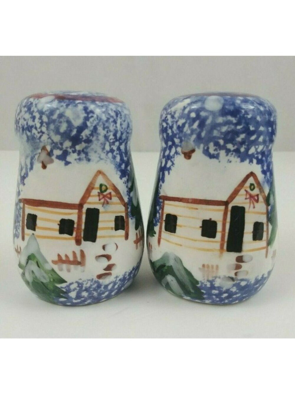 Blue Sponge Ware Hand Painted Winter Holiday Scene Salt and Pepper Shakers